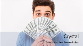  Presentation with funny - Audience pleasing PPT theme consisting of face with fan of money backdrop and a light blue colored foreground