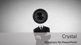  Presentation with zoom - Audience pleasing presentation design consisting of faceless businessman with camera zoom instead of head backdrop and a light gray colored foreground