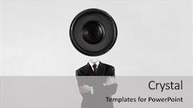  Presentation with zoom - Slide deck enhanced with faceless businessman with camera zoom instead of head background and a light gray colored foreground