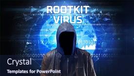  Presentation with computer virus - Amazing PPT theme having faceless-hacker-at-work backdrop and a navy blue colored foreground