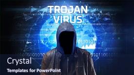  Presentation with trojan virus - Cool new slide set with faceless-hacker-at-work backdrop and a navy blue colored foreground