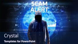  Presentation with security alert - Amazing presentation design having faceless-hacker-at-work backdrop and a navy blue colored foreground