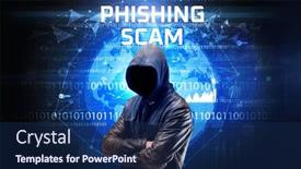  Presentation with scam - Audience pleasing PPT layouts consisting of faceless-hacker-at-work backdrop and a navy blue colored foreground