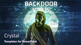  Presentation with computer virus - Colorful slide set enhanced with faceless-hacker-at-work backdrop and a navy blue colored foreground