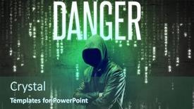  Presentation with faceless - Presentation design featuring faceless-hacker-with-danger-inscription background and a ocean colored foreground