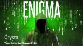  Presentation with faceless - Beautiful PPT theme featuring faceless-hacker-with-enigma-inscription backdrop and a tawny brown colored foreground