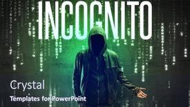  Presentation with hacking - Amazing presentation theme having faceless-hacker-with-incognito-inscription backdrop and a navy blue colored foreground
