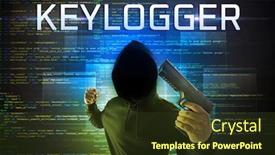  Presentation with faceless - Cool new slide set with faceless-hacker-with-keylogger-inscription backdrop and a tawny brown colored foreground