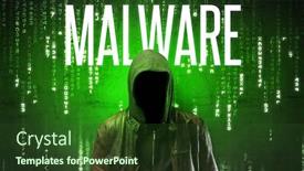  Presentation with faceless - Amazing presentation having faceless-hacker-with-malware-inscription backdrop and a tawny brown colored foreground