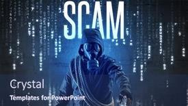  Presentation with scam - Presentation design consisting of faceless-hacker-with-scam-inscription background and a ocean colored foreground