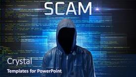  Presentation with faceless - PPT theme having faceless-hacker-with-scam-inscription background and a ocean colored foreground