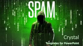  Presentation with faceless - Amazing slides having faceless-hacker-with-spam-inscription backdrop and a tawny brown colored foreground