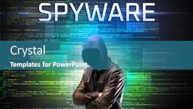  Presentation with faceless - PPT theme featuring faceless-hacker-with-spyware-inscription background and a teal colored foreground