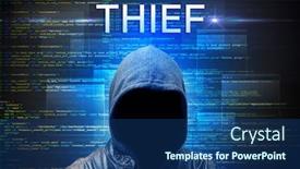  Presentation with faceless - Cool new PPT layouts with faceless-hacker-with-thief-inscription backdrop and a ocean colored foreground
