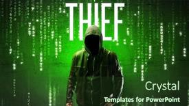  Presentation with hacking - Amazing presentation design having faceless-hacker-with-thief-inscription backdrop and a tawny brown colored foreground