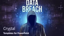  Presentation with security breach - Beautiful PPT layouts featuring faceless-man-with-data-breach backdrop and a navy blue colored foreground