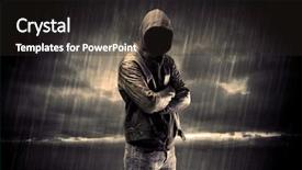  Presentation with faceless - Audience pleasing theme consisting of faceless-thief-in-unrecognizable-hoodie backdrop and a dark gray colored foreground