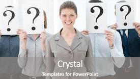  Presentation with business woman standing on maze - PPT theme featuring faces behind a question mark background and a gray colored foreground