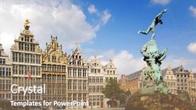  Presentation with facade - Slide set having belgium town hall - faces of antwerp brabo fountain background and a coral colored foreground