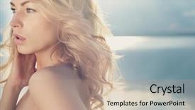  Presentation with beautiful moraine lake - PPT theme with faces sun - beautiful young blond woman outdoors background and a coral colored foreground