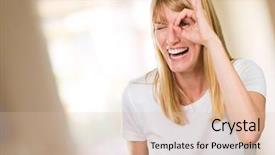  Presentation with finger - Amazing PPT theme having facial expression - happy woman looking through finger backdrop and a  colored foreground