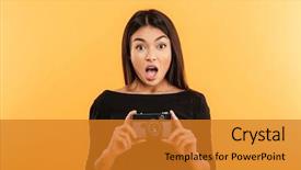  Presentation with photo - Slide set having facial expression - photo of shocked young woman background and a gold colored foreground