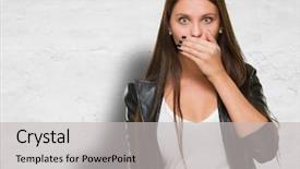  Presentation with concrete wall questions - PPT theme consisting of facial expression - portrait of surprised young woman background and a light gray colored foreground