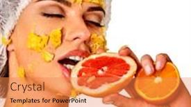  Presentation with skin medical - PPT theme enhanced with facial mask from fresh fruits for woman girl in medical hat bit slices of kiwi and hold plate with fruit salad green plants on backgrounds in spa salon crushed orange on face skin softening background and a coral colored foreground