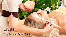  Presentation with hero mask woman - PPT theme having facial mask in tropical beauty background and a coral colored foreground