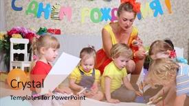  Presentation with draw kids - Slide deck featuring faciliate - five kids and holiday representative background and a coral colored foreground