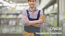  Presentation with tool belt tools - Beautiful PPT theme featuring facilities maintenance - electrician with tools on blurred backdrop and a  colored foreground