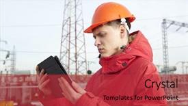  Presentation with electrical engineer - Beautiful presentation theme featuring facilities maintenance - engineer at electrical substation using backdrop and a  colored foreground