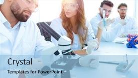  Presentation with group - Beautiful slide deck featuring facility - group of young scientists discussing backdrop and a light blue colored foreground