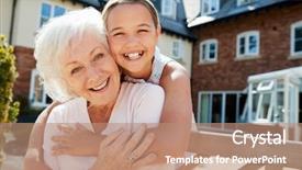  Presentation with retirement - Theme with facility - portrait of granddaughter hugging grandmother background and a coral colored foreground