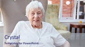  Presentation with retirement - PPT theme featuring facility - portrait of senior woman sitting background and a sky blue colored foreground