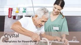  Presentation with walker - Presentation with facility - senior patient being assisted background and a coral colored foreground