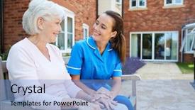  Presentation with retirement - Amazing PPT theme having facility - senior woman sitting on bench backdrop and a light blue colored foreground