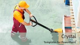  Presentation with pallet - Amazing theme having facility - worker with fork pallet truck backdrop and a mint green colored foreground