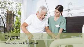  Presentation with walker - Presentation theme consisting of facility - young nurse helping patient background and a mint green colored foreground