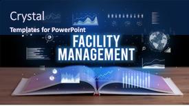  Presentation with facility management - Audience pleasing presentation consisting of facility management inscription coming out from an open book creative business concept backdrop and a ocean colored foreground