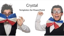  Presentation with fixing his black bow tie - PPT layouts enhanced with facing giants - funny man wearing giant bow background and a white colored foreground