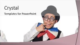  Presentation with fixing his black bow tie - Amazing slides having facing giants - funny man wearing giant bow backdrop and a light gray colored foreground