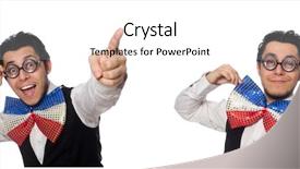  Presentation with funny - Audience pleasing PPT theme consisting of facing giants - funny man wearing giant bow backdrop and a white colored foreground
