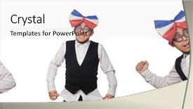  Presentation with funny - Colorful PPT theme enhanced with facing giants - funny man wearing giant bow backdrop and a soft green colored foreground