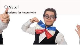  Presentation with fixing his black bow tie - PPT layouts with facing giants - funny man wearing giant bow background and a coral colored foreground