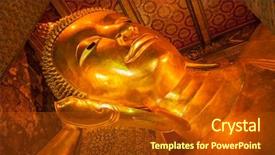  Presentation with buddha - PPT layouts with facing giants - reclining buddha gold statue face background and a crimson colored foreground