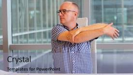  Presentation with office ergonomics man worker exercising - PPT theme with facing obstacles - middle age balding man stretching background and a  colored foreground