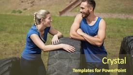  Presentation with obstacle course - Cool new PPT theme with facing obstacles - smiling fit man and woman backdrop and a tawny brown colored foreground