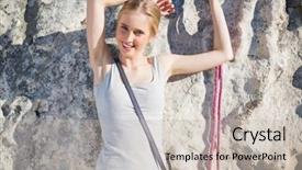  Presentation with rock - Presentation design having facing obstacles - smiling woman standing in front background and a  colored foreground