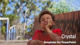  Presentation with boot camp - Slide deck consisting of facing obstacles - upset boy sitting on staircase background and a  colored foreground